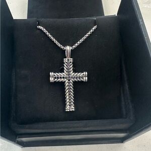 David Yurman Chevron Cross Necklace with Black Diamonds Sterling Silver 24 Inch